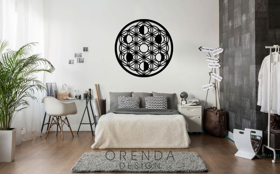 FLOWER OF LIFE (MOON PHASES) Painting Wood - Black 