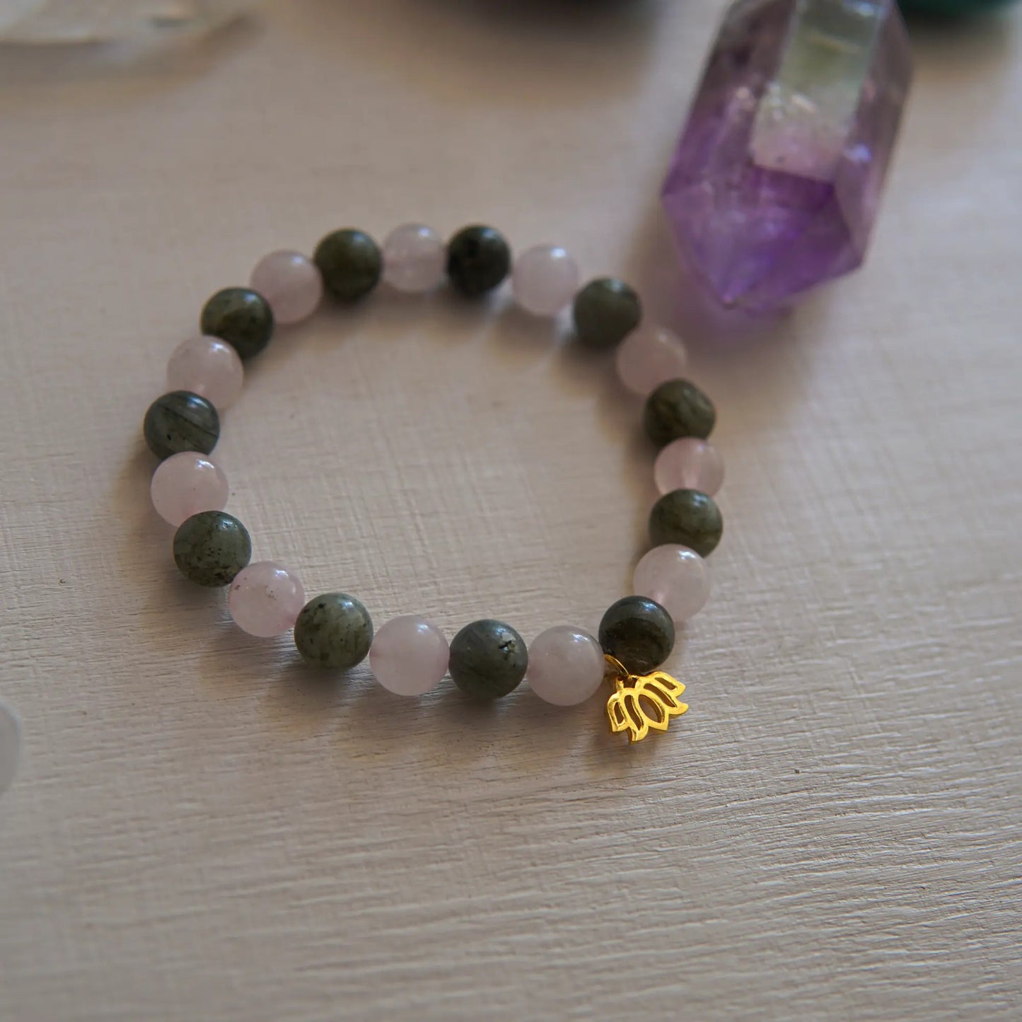 Labradorite - Rose Quartz and Lotus Flower Symbol Natural Stone Bracelet - AIR ELEMENT