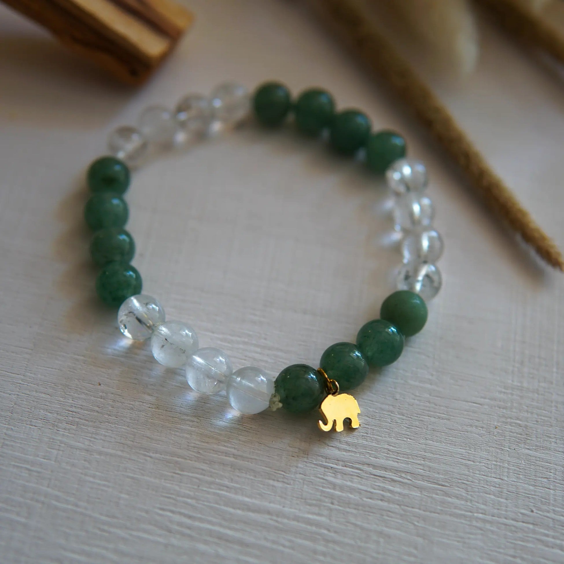 Green Aventurine - Crystal Quartz and Elephant Symbol Natural Stone Bracelet - EARTH ELEMENT