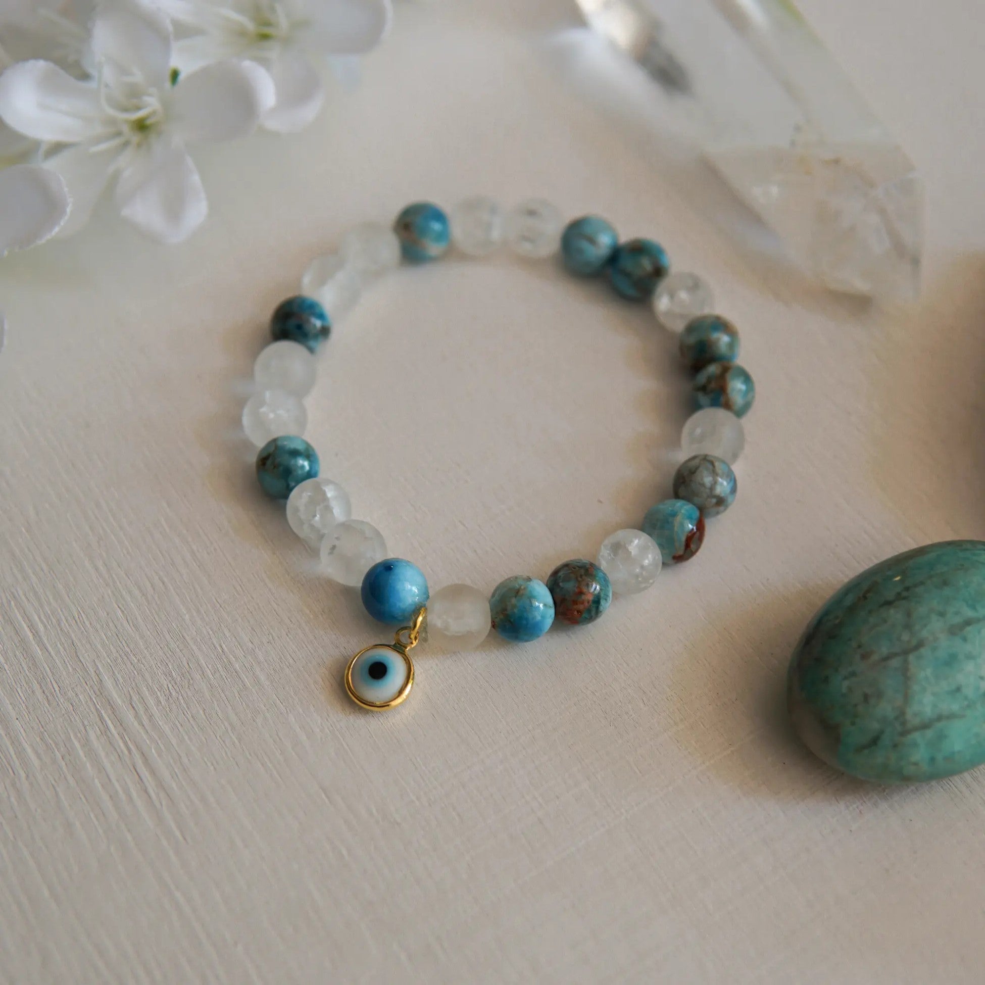 Necef - Apatite and Evil Eye Bead Symbol Natural Stone Bracelet - AIR ELEMENT