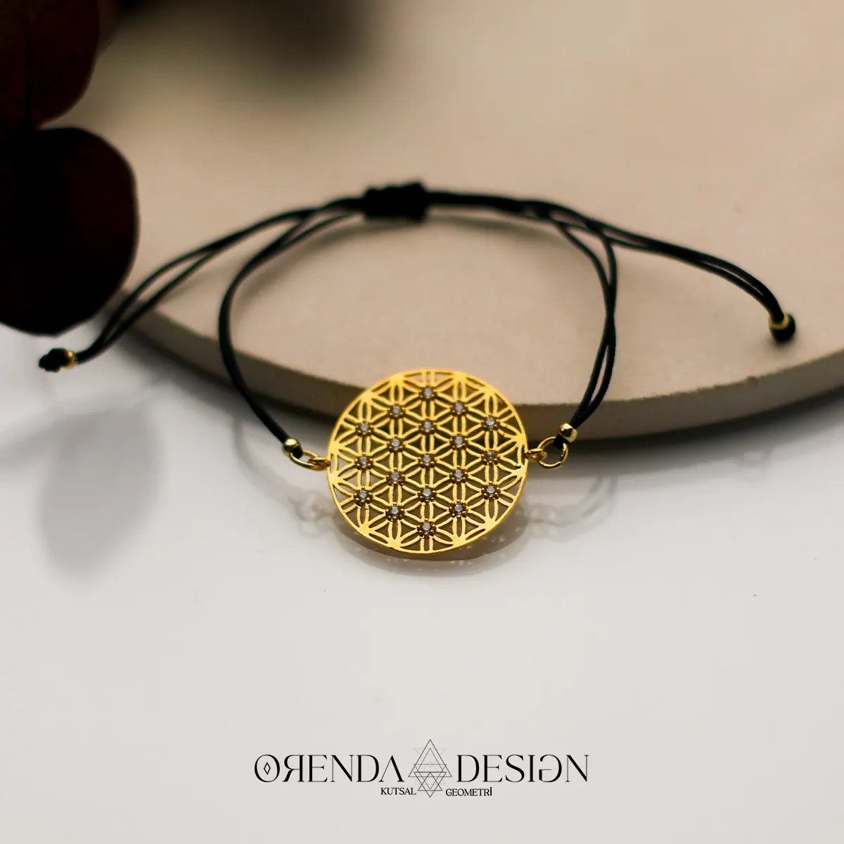 Gold Flower of Life Bracelet with Black Thread