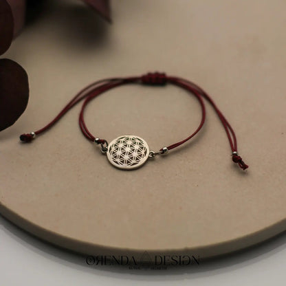 Silver Flower of Life Bracelet Burgundy Cord No.2