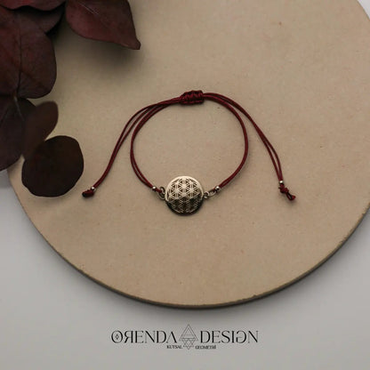 Silver Flower of Life Bracelet Burgundy Cord No.2