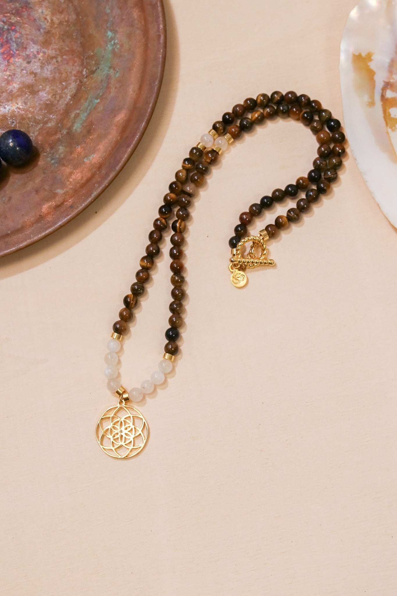 POWER – Seed of Life – Tiger Eye – Moonstone Natural Stone Necklace