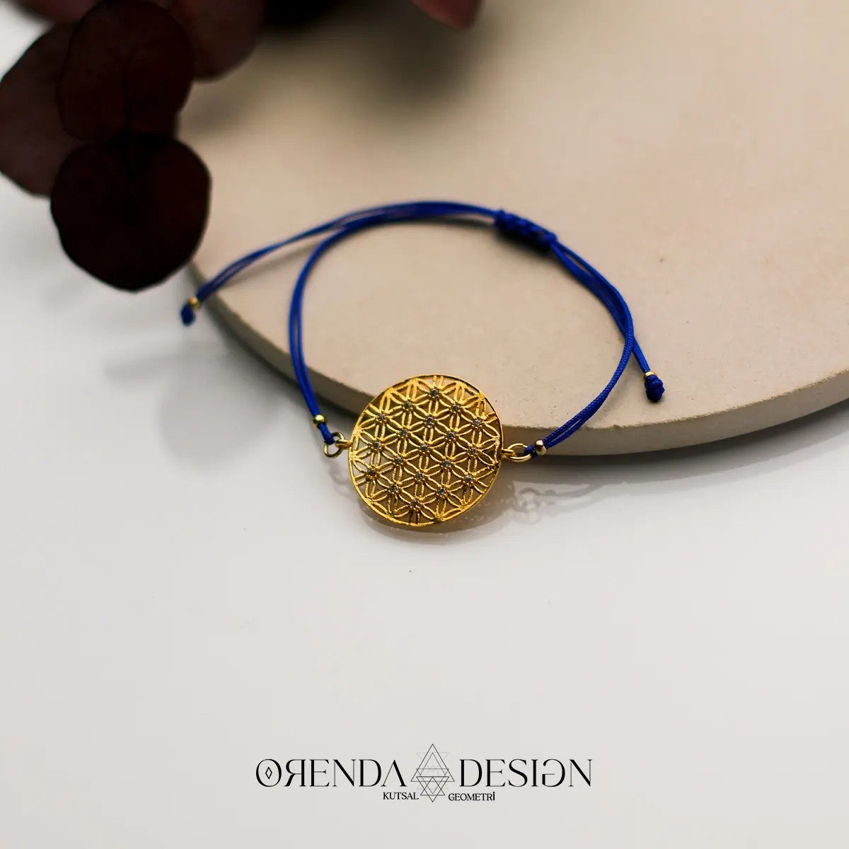 Gold Flower of Life Bracelet with Navy Blue Thread