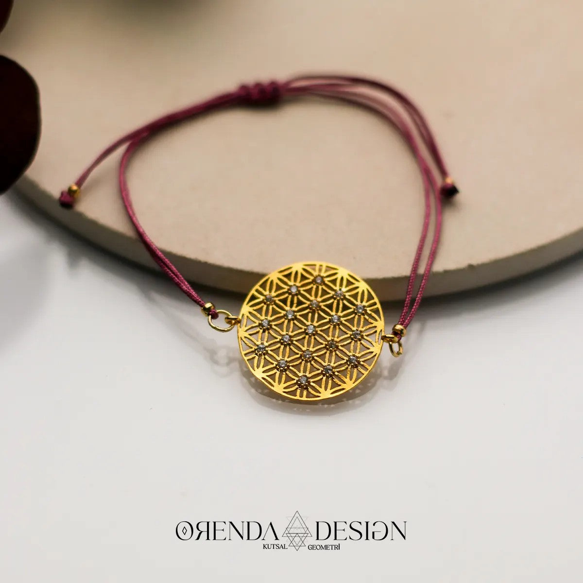 Gold Flower of Life Bracelet with Burgundy Rope