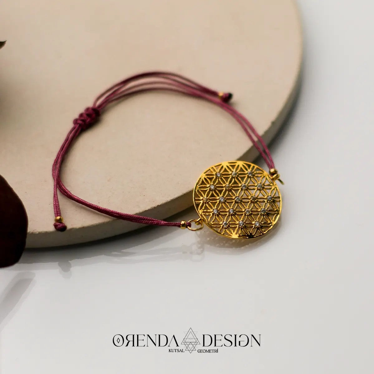 Gold Flower of Life Bracelet with Burgundy Rope