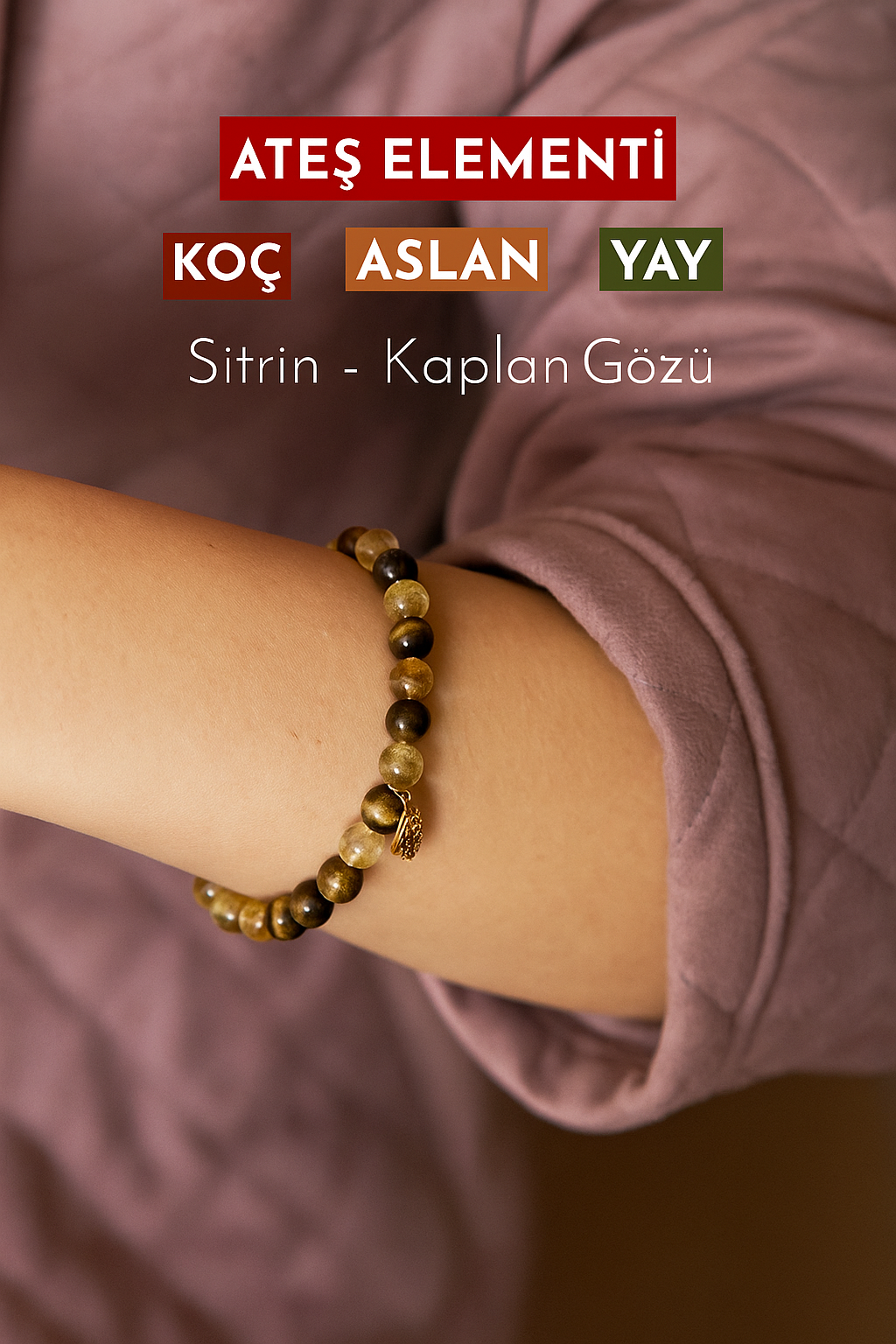 Sitrin - Kaplan Gözü ve Fatma Ana'nın Eli Sembolü Doğal Taş Bileklik - ATEŞ ELEMENTİ