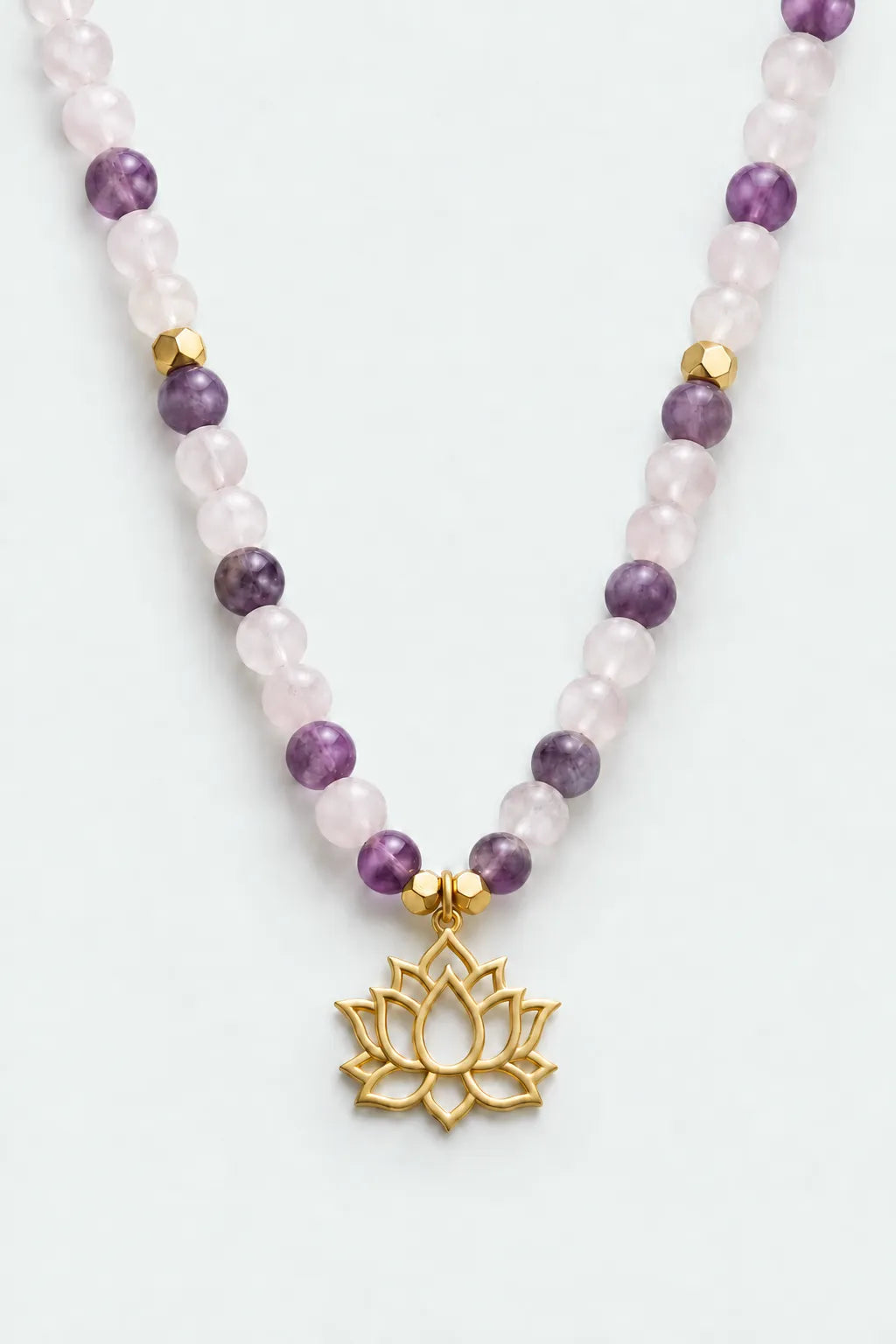 LOVE PEACE – Lotus Flower – Amethyst – Rose Quartz Natural Stone Necklace