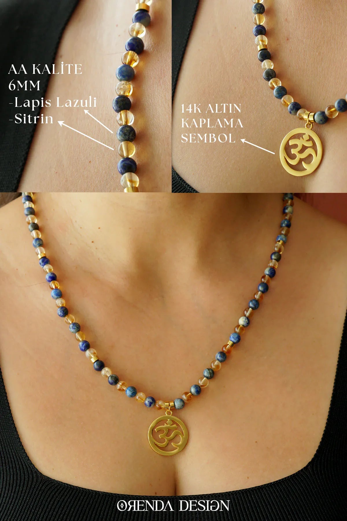 Abundance-Prosperity and Balance - OM(Aum) - Citrine - Lapis Lazuli Natural Stone Necklace