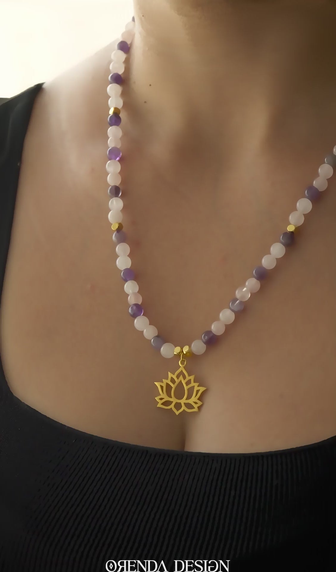 LOVE PEACE – Lotus Flower – Amethyst – Rose Quartz Natural Stone Necklace